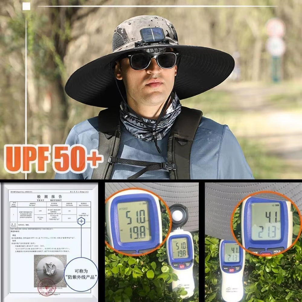 Ultimate Sun Protection: 2-in-1 Solar Fan Sun Hat with USB Rechargeable Breathable Waterproof Wide Brim for Men